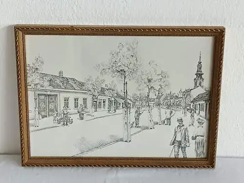 H419-Stadtbild-Gemälde-Bild-Bleistift-Tusche-gerahmt-Schwechater Hauptstraße-