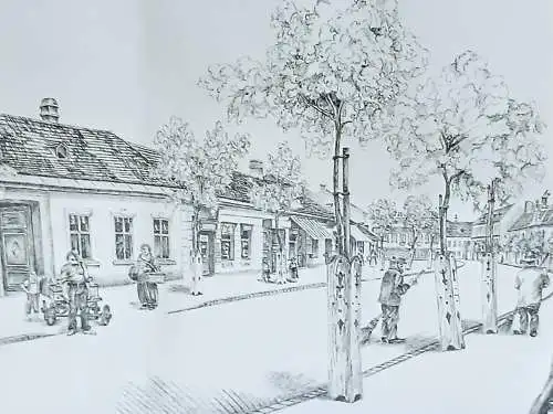 H419-Stadtbild-Gemälde-Bild-Bleistift-Tusche-gerahmt-Schwechater Hauptstraße-