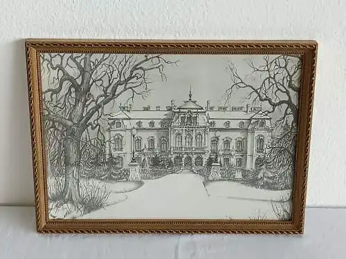 H421-Stadtbild-Gemälde-Bild-Bleistift-Tusche-Schloss im Schwechater Park-gerahmt