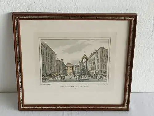 H424-Stadtbild-Gemälde-Bild-Farbradierung-Hoher Markt in Wien-Passepartout-