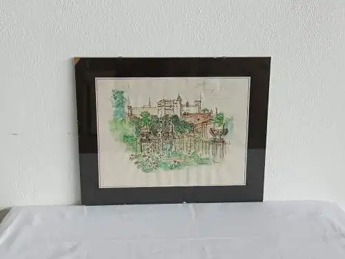 H262-Aquarell-Bild-Gemälde-Salzburg-Mirabell-Garten-hinter Glas-datiert-