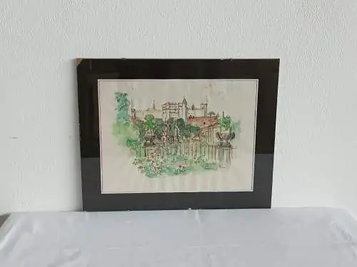 H262-Aquarell-Bild-Gemälde-Salzburg-Mirabell-Garten-hinter Glas-datiert-