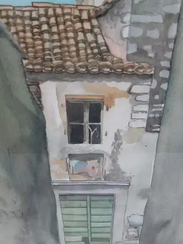 H301-Bild-Gemälde-Altes Dorfhaus-Aquarell-Passepartout-hinter Glas-signiert-