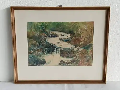 H185-Landschaftsbild-Gemälde-Bild-Fluss-Aquarell-Passepartout-signiert-gerahmt-