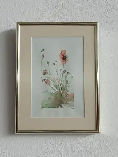 H182-Stillleben-Blumenbild-Gemälde-Bild-Aquarell-Passepartout-signiert-gerahmt-