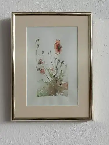 H182-Stillleben-Blumenbild-Gemälde-Bild-Aquarell-Passepartout-signiert-gerahmt-