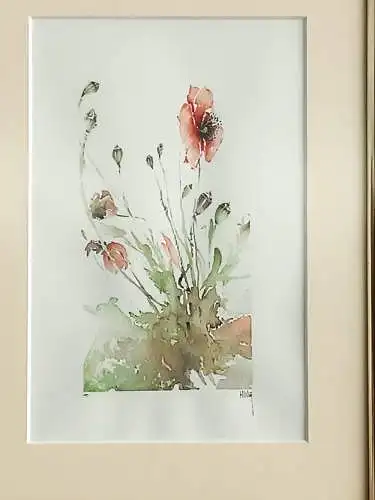 H182-Stillleben-Blumenbild-Gemälde-Bild-Aquarell-Passepartout-signiert-gerahmt-