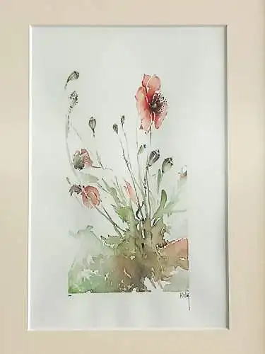 H182-Stillleben-Blumenbild-Gemälde-Bild-Aquarell-Passepartout-signiert-gerahmt-