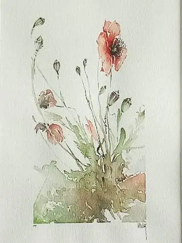 H182-Stillleben-Blumenbild-Gemälde-Bild-Aquarell-Passepartout-signiert-gerahmt-