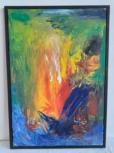 H361-Gemälde-Bild-Acryl-Dschungl-signiert-gerahmt-datiert-