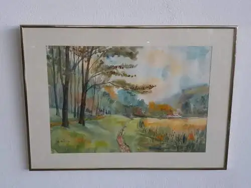 H368-Landschaftsbild-Gemälde-Bild-Aquarell-Passepartout-signiert-gerahmt-