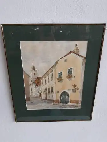 H376-Stadtbild-Gemälde-Bild-Aquarell-Greinergasse-signiert-gerahmt-hinter Glas-