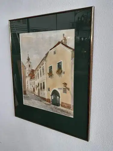 H376-Stadtbild-Gemälde-Bild-Aquarell-Greinergasse-signiert-gerahmt-hinter Glas-