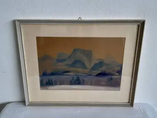 H382-Landschaftsbild-Gemälde-Bild-Aquarell-gerahmt-Passepartout-