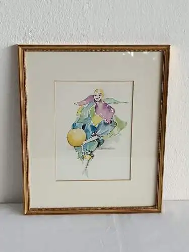 H188-Harlekin-Aquarell-Passepartout-Bild-Gemälde-Passepartout-gerahmt-signiert-