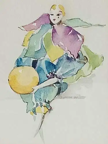 H188-Harlekin-Aquarell-Passepartout-Bild-Gemälde-Passepartout-gerahmt-signiert-