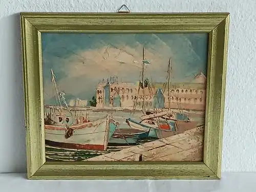 H190-Landschaftsbild-Öl auf Leinen-Ölbild-Gemälde-Bild-Boote im Hafen-gerahmt-