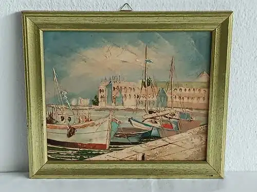 H190-Landschaftsbild-Öl auf Leinen-Ölbild-Gemälde-Bild-Boote im Hafen-gerahmt-