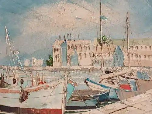 H190-Landschaftsbild-Öl auf Leinen-Ölbild-Gemälde-Bild-Boote im Hafen-gerahmt-