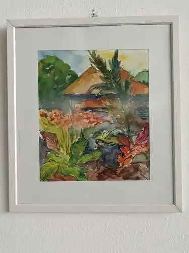 H210-Landschaftsbild-Aquarell-Bild-Gemälde-Passepartout-signiert-gerahmt-