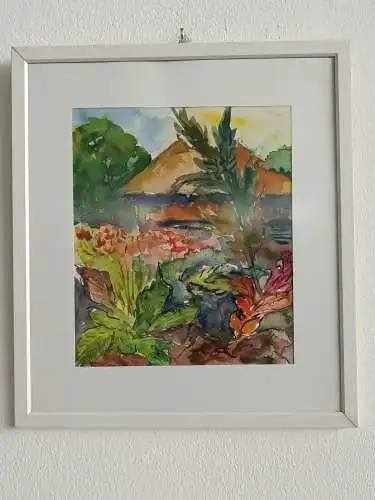 H210-Landschaftsbild-Aquarell-Bild-Gemälde-Passepartout-signiert-gerahmt-