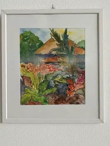 H210-Landschaftsbild-Aquarell-Bild-Gemälde-Passepartout-signiert-gerahmt-