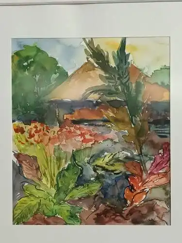 H210-Landschaftsbild-Aquarell-Bild-Gemälde-Passepartout-signiert-gerahmt-