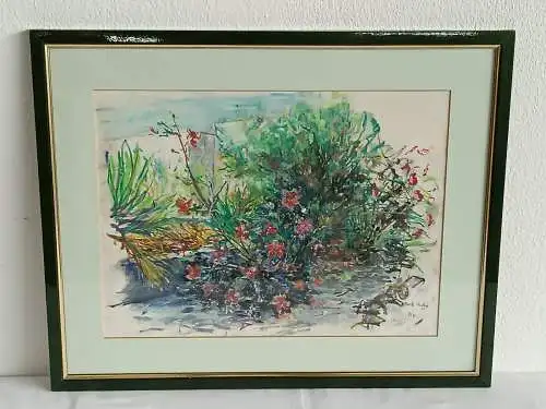 H214-Landschaftsbild-Gemälde-Aquarell-Ölkreide-gerahmt-signiert-Passepartout-