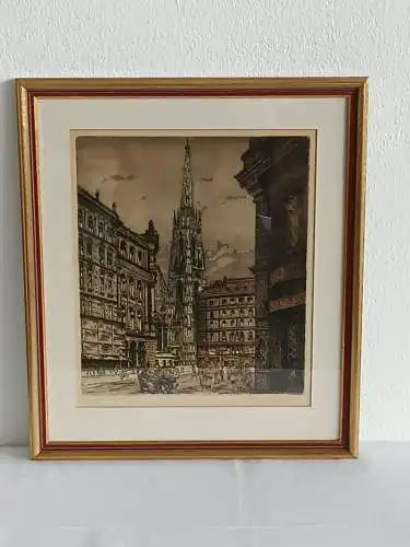 H221-Stadtbild-Bild-Gemälde-Wien-Graben-original-Farbradierung-signiert-gerahmt-