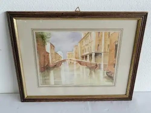 H232-Stadtbild-Gemälde-Bild-Venedig-Aquarell-Passepartout-signiert-gerahmt-