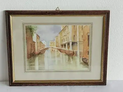 H232-Stadtbild-Gemälde-Bild-Venedig-Aquarell-Passepartout-signiert-gerahmt-