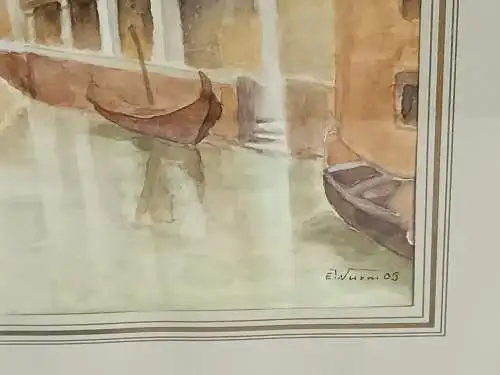 H232-Stadtbild-Gemälde-Bild-Venedig-Aquarell-Passepartout-signiert-gerahmt-