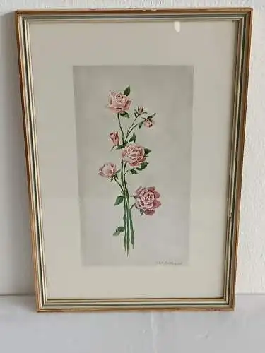 H234-Blumenbild-Gemälde-Bild-Rosen-Aquarell-signiert-gerahmt-datiert-