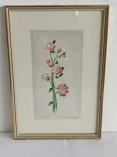 H234-Blumenbild-Gemälde-Bild-Rosen-Aquarell-signiert-gerahmt-datiert-