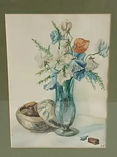 H239-Stillleben-Aquarell-Blumenbild-Vase-Gemälde-Bild-gerahmt-monogrammiert-