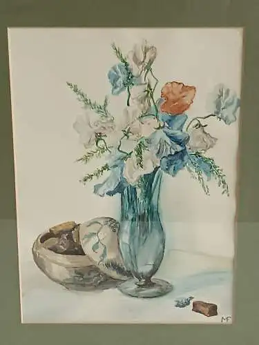 H239-Stillleben-Aquarell-Blumenbild-Vase-Gemälde-Bild-gerahmt-monogrammiert-