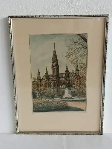 H240-Stadtbild-Wien-Rathaus-Bild-Gemälde-original-Radierung-signiert-gerahmt-