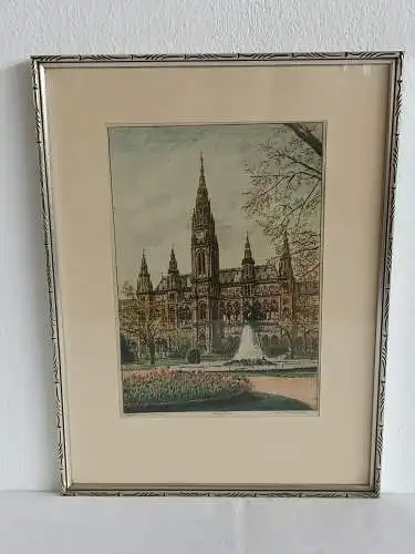 H240-Stadtbild-Wien-Rathaus-Bild-Gemälde-original-Radierung-signiert-gerahmt-