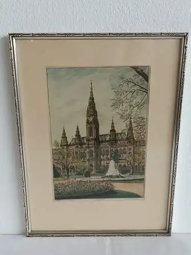 H240-Stadtbild-Wien-Rathaus-Bild-Gemälde-original-Radierung-signiert-gerahmt-