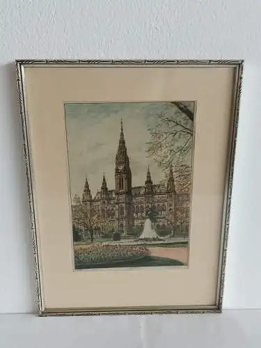 H240-Stadtbild-Wien-Rathaus-Bild-Gemälde-original-Radierung-signiert-gerahmt-