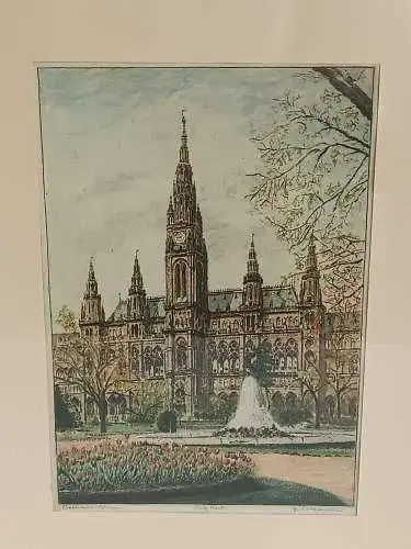 H240-Stadtbild-Wien-Rathaus-Bild-Gemälde-original-Radierung-signiert-gerahmt-