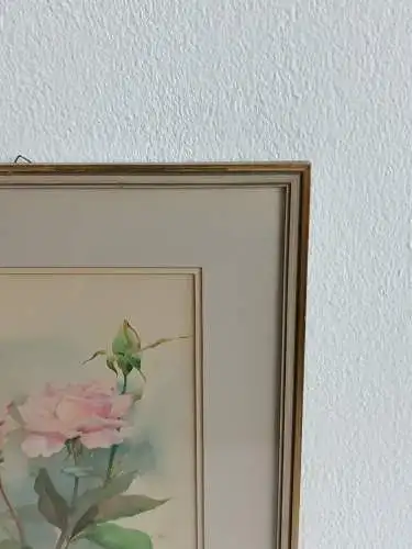 H242-Blumenbild-Aquarell-Rosen-Gemälde-Bild-signiert-gerahmt-Passepartout-