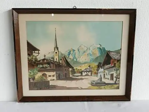 H243-Gemälde-Bild-Dorfplatz-Aquarell-Passepartout-signiert-gerahmt-hinter Glas-