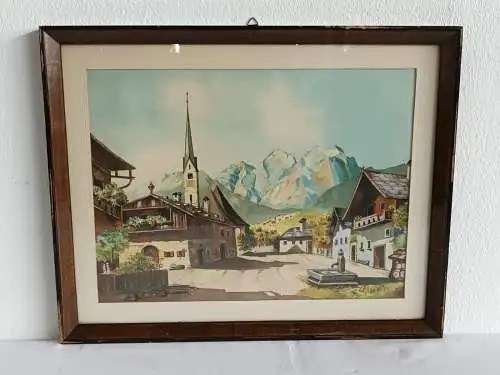 H243-Gemälde-Bild-Dorfplatz-Aquarell-Passepartout-signiert-gerahmt-hinter Glas-