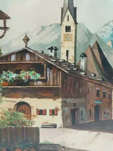 H243-Gemälde-Bild-Dorfplatz-Aquarell-Passepartout-signiert-gerahmt-hinter Glas-