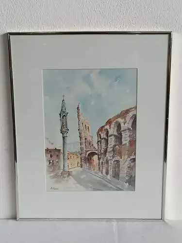 H247-Stadtbild-Ruine-Aquarell-Bild-Gemälde-signiert-gerahmt-