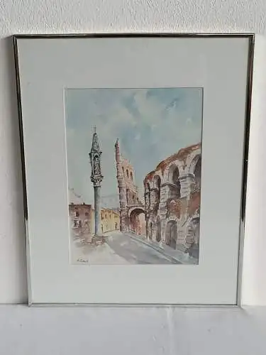 H247-Stadtbild-Ruine-Aquarell-Bild-Gemälde-signiert-gerahmt-