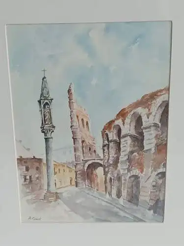 H247-Stadtbild-Ruine-Aquarell-Bild-Gemälde-signiert-gerahmt-