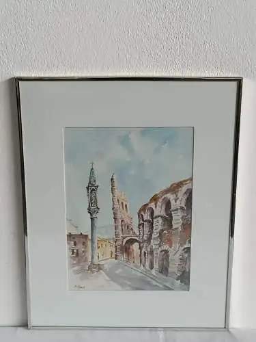 H247-Stadtbild-Ruine-Aquarell-Bild-Gemälde-signiert-gerahmt-