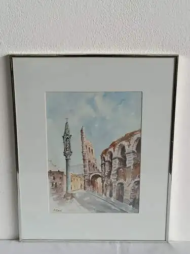 H247-Stadtbild-Ruine-Aquarell-Bild-Gemälde-signiert-gerahmt-